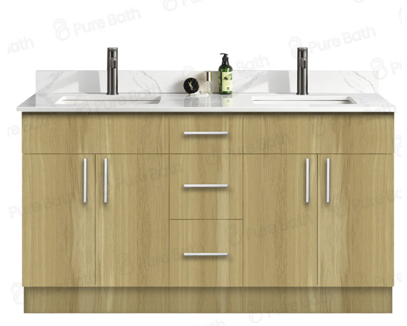 60"MDF Birch wood Double Sink with Three Drawers in center