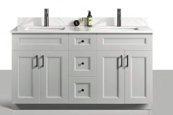 Solid Wood Vanities Size 60" Double Sink with 4 doors and 3 Drawers(Centre) with Quartz countertop