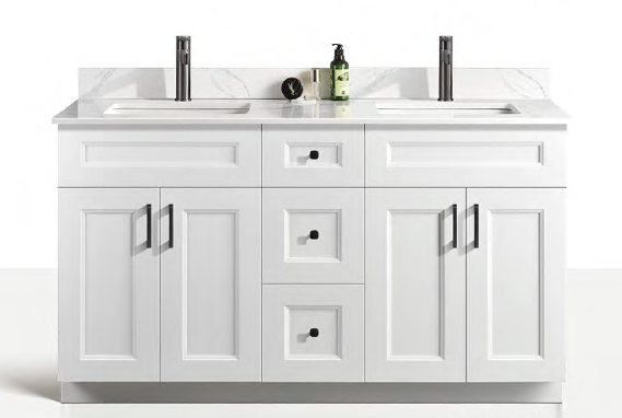 Solid Wood Vanities Size 60" Double Sink with 4 doors and 3 Drawers(Centre) with Quartz countertop