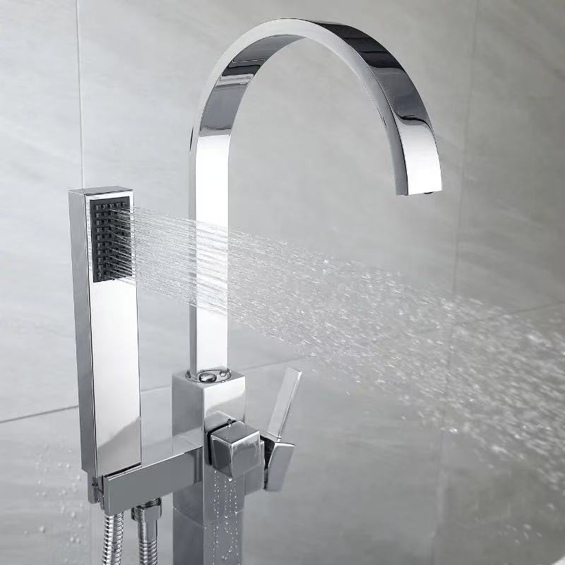 Modern Freestanding Waterfall Tub Filler with Handheld Shower