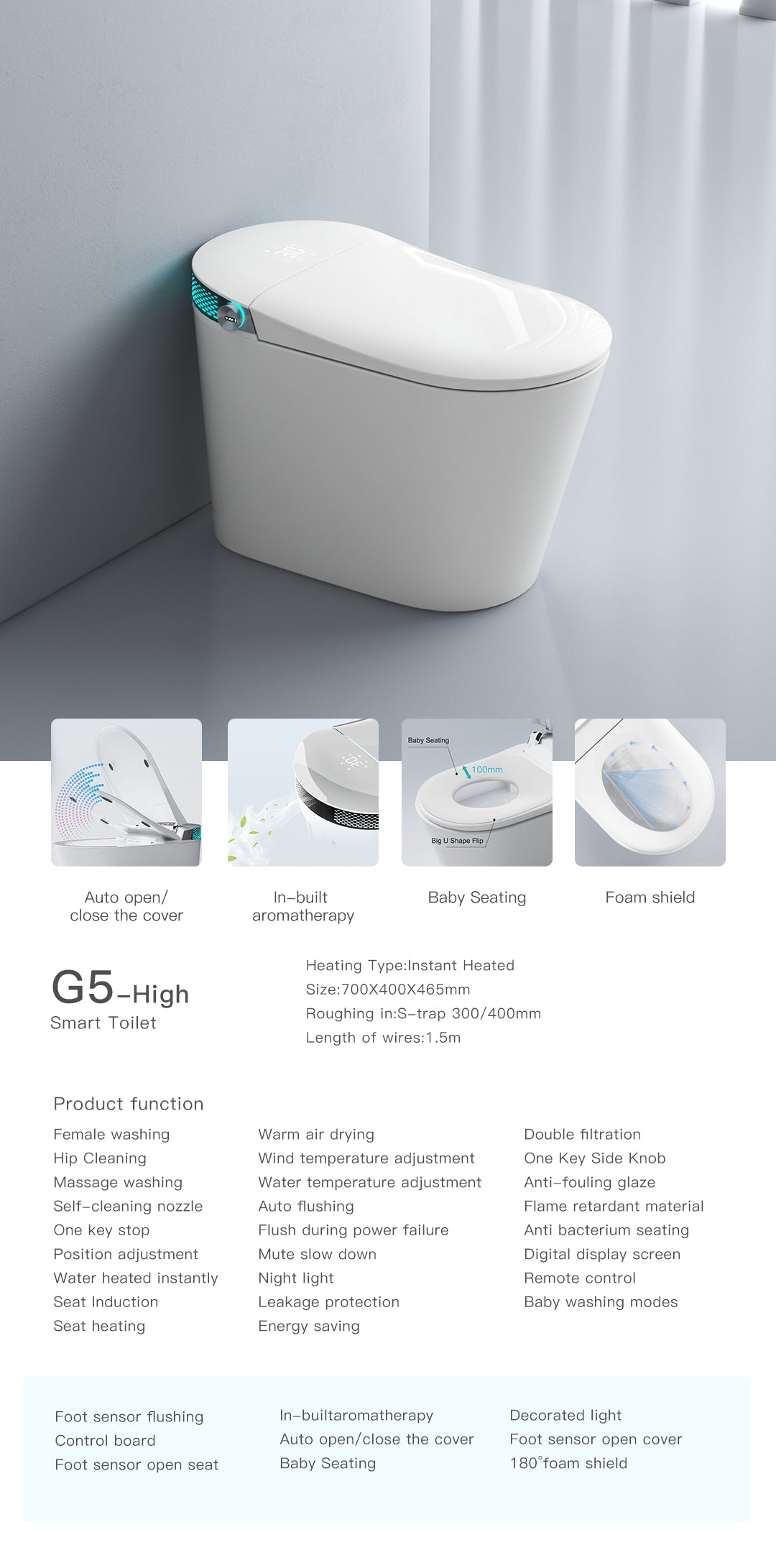 Smart Toilet G5-High Multi Full Functions One Piece Instant Heated White