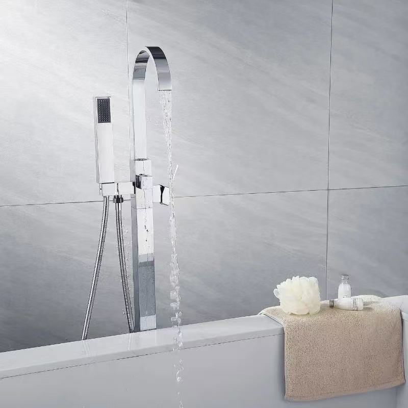 Modern Freestanding Waterfall Tub Filler with Handheld Shower
